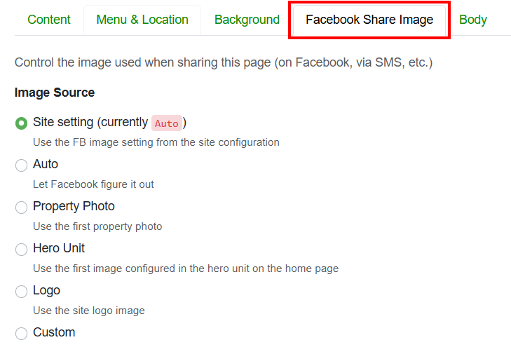 There is also a Social Share Image section on each website page, which overrides the site-level setting. So you can use your logo when sharing the site itself, but use the property photo when sharing a property page.