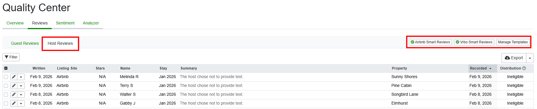 In the Host Reviews tab, you can configure Airbnb and Vrbo Smart Reviews and manage Host Review templates.