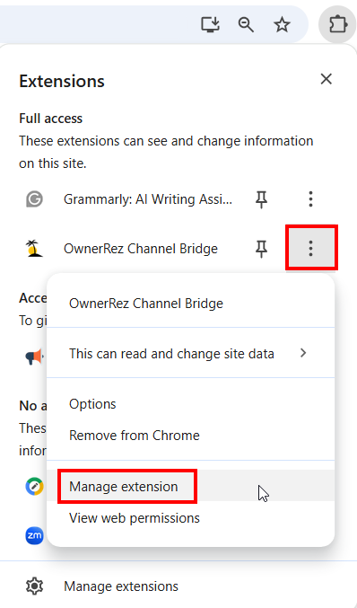 Click on the extension puzzle icon in your browser, click on the right kebab menu to the right of the OwnerRez Channel Bridge > Manage extension.