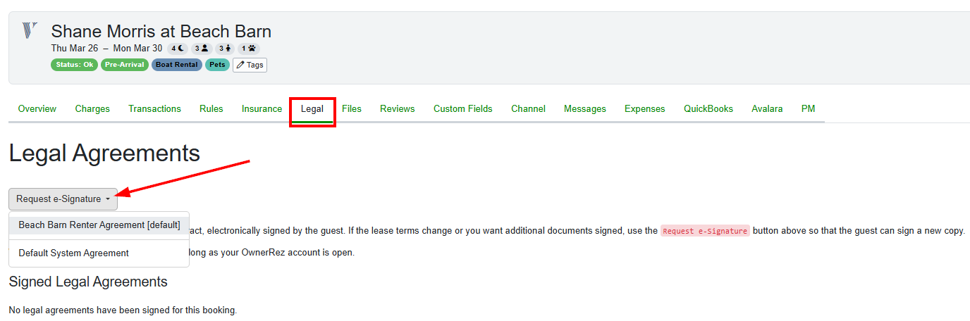 To send an agreement signing link after booking, go to the Legal tab of the booking and use the Request e-Signature button to send a link for a booking from a listing site, request signatures on additional documents, or request signatures from additional guests.