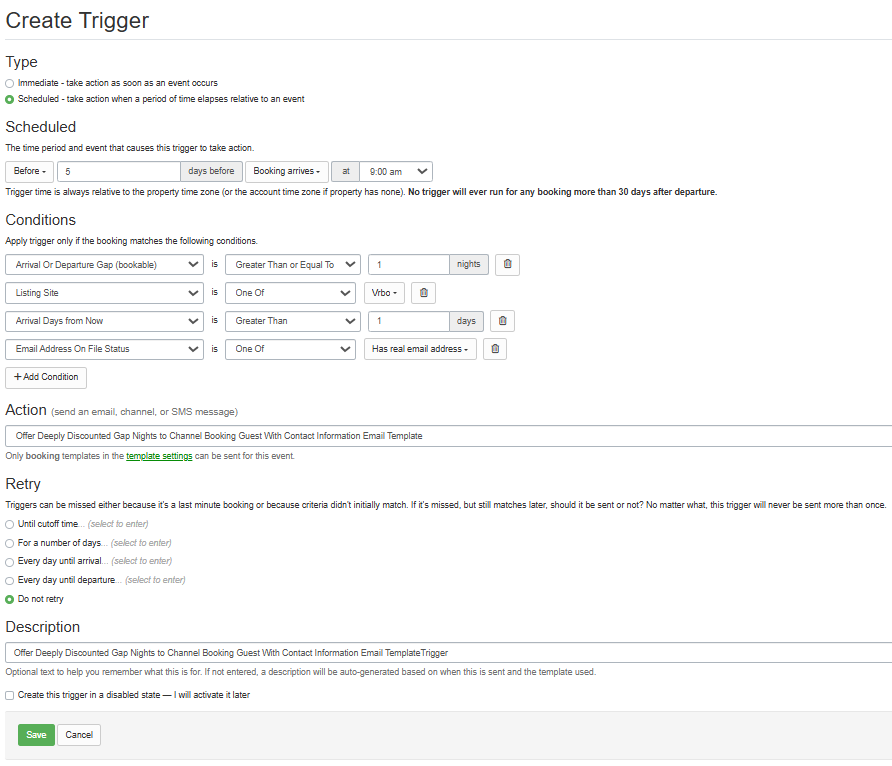 Offer Deeply Discounted Gap Nights to Channel Booking Guest With Contact Information Email Template Trigger Example