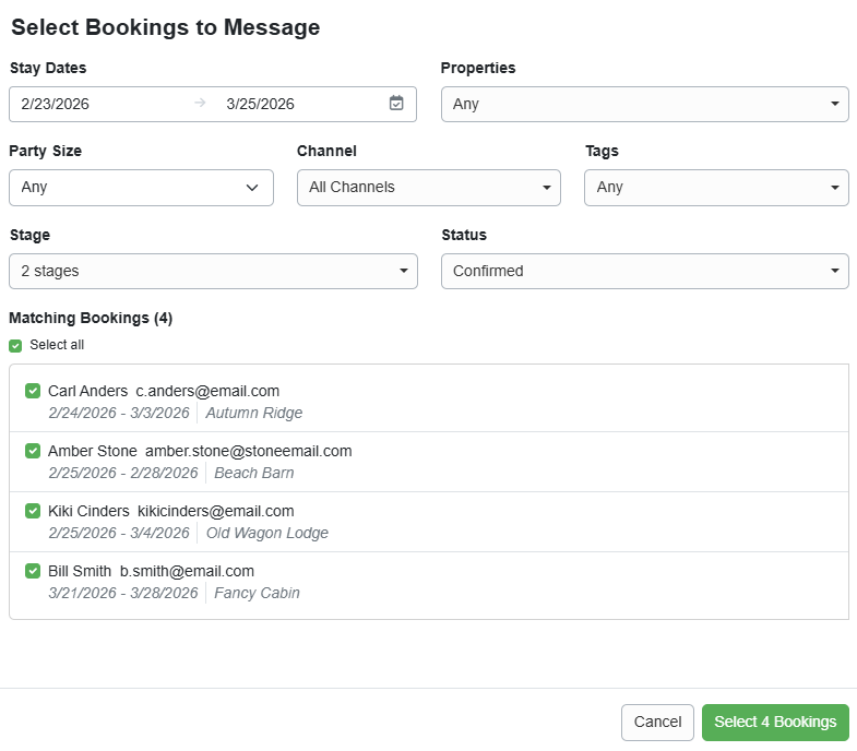 Based on your selections of the Select Booking to Message pop-up, Matching Bookings are displayed, allowing you to select which bookings to send your Broadcast message to, and you can select all or only specific bookings. Click Select number of Bookings.
