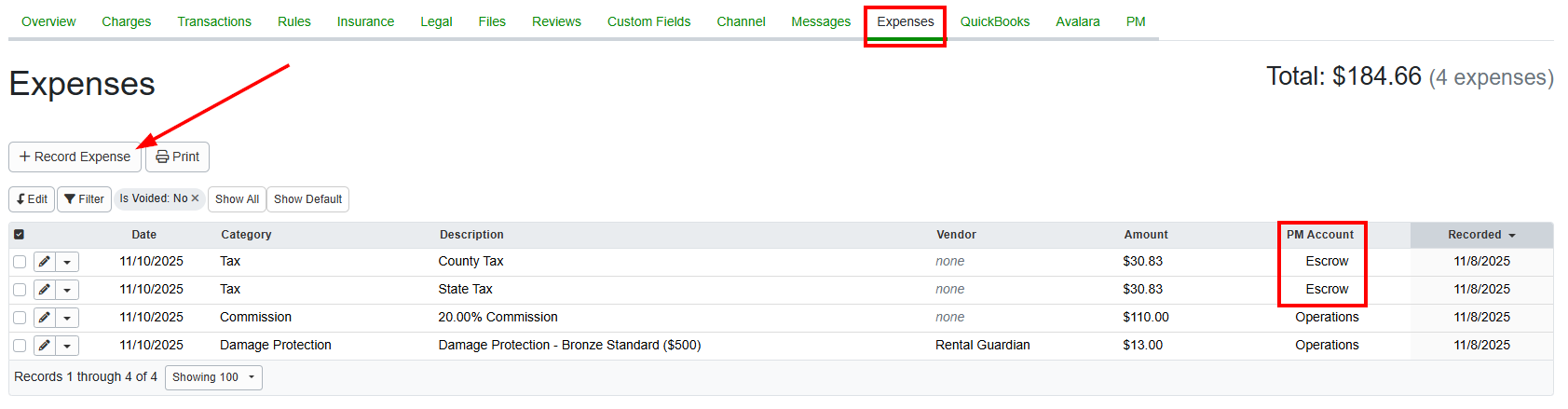 Expenses can also be added or edited for individual bookings Booking Expenses tab by clicking on the + Record Expense button to add an expense. Note that escrowed expenses are displayed in the PM Account column.