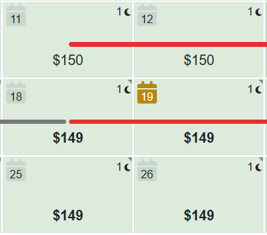 Within each calendar day, the day of the month appears in the top-left corner of the calendar icon. Today's date is bold. The minimum number of nights rule is displayed with the moon icon in the upper-right corner of the calendar day.