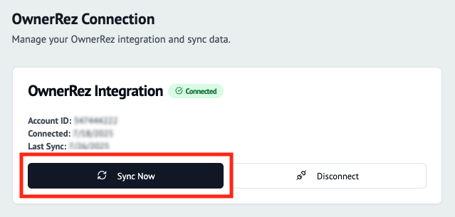 Once the authorization process is finished, you will see the screen showing your successful OwnerRez Connection. Click the Sync Now button.