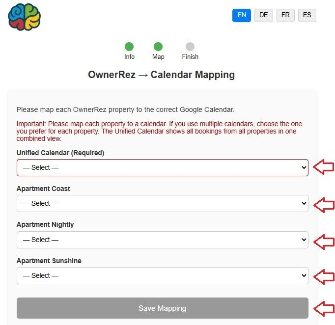 Select the calendars you created earlier and map each OwnerRez property to the appropriate Google Calendar.&nbsp;This step typically takes 1&ndash;2 minutes.