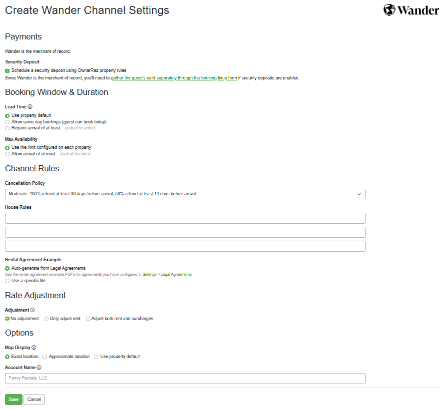 Complete the Payments, Booking Window & Duration, Channel Rules, Rate Adjustment, and Options sections, and Save.