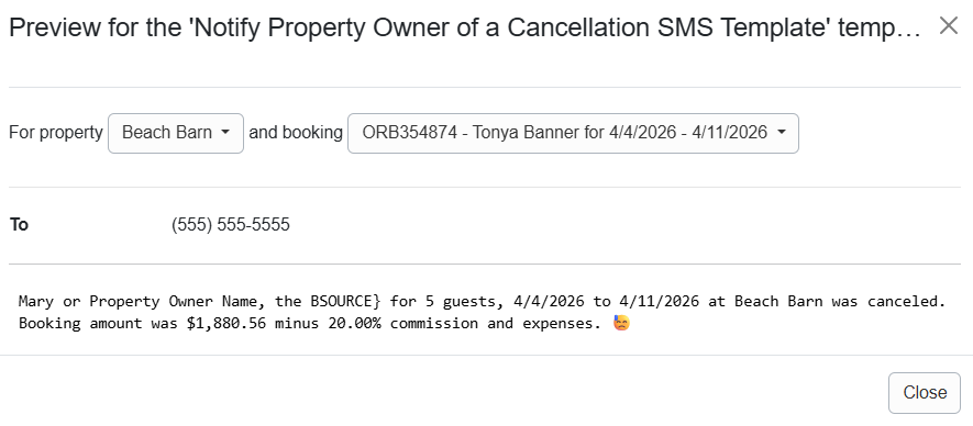 Notify Property Owner of a Cancellation SMS Template Example