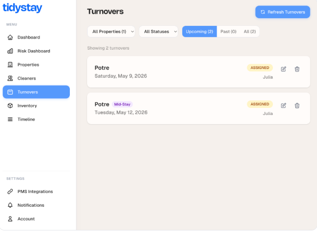 Watch turnovers appear automatically  Every confirmed booking shows up as a turnover on its check-out date. If the booking moves, the turnover moves with it &mdash; and your cleaner is notified. No spreadsheets, no copy-pasting calendars.