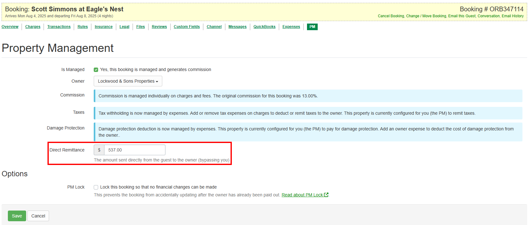 Enter the copied Total Charged amount in the Direct Remittance field. Click Save.