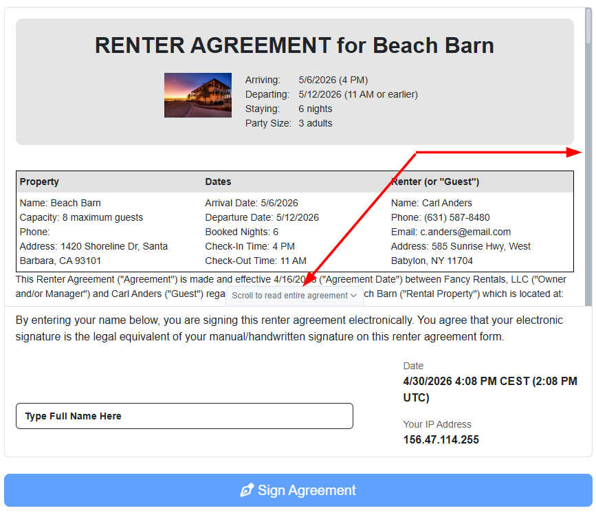 Guests can now also scroll through and read the entire rental agreement by either using the right scroll bar or clicking the Scroll to read entire agreement button at the bottom of the agreement.
