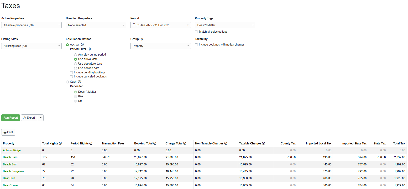 Create a&nbsp;Taxes Report by navigating to Reports > Summary Reports > Taxes, selecting options, and clicking Run Report.