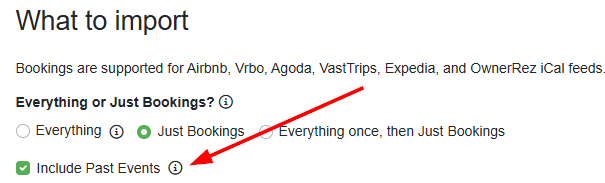 Open the calendar import, click Change, and select the Include Past Events option.