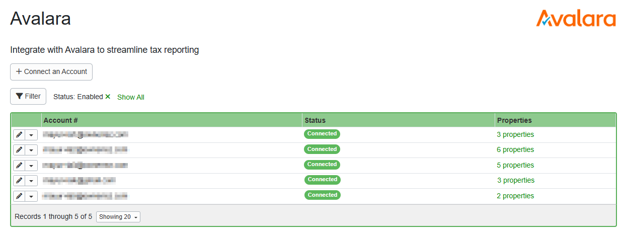 When your properties are connected they will be listed on your Avalara integration page (Settings > Financial > Avalara).