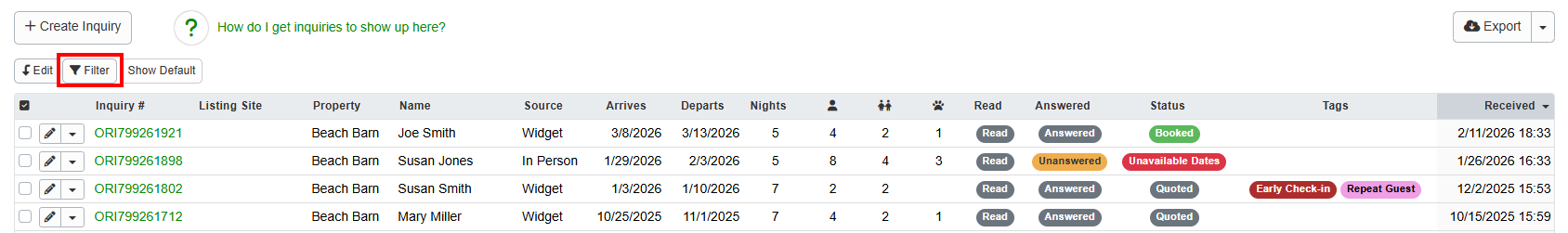Want to see which inquiries you have read or answered? Click the Filter button at the top-left of the grid.