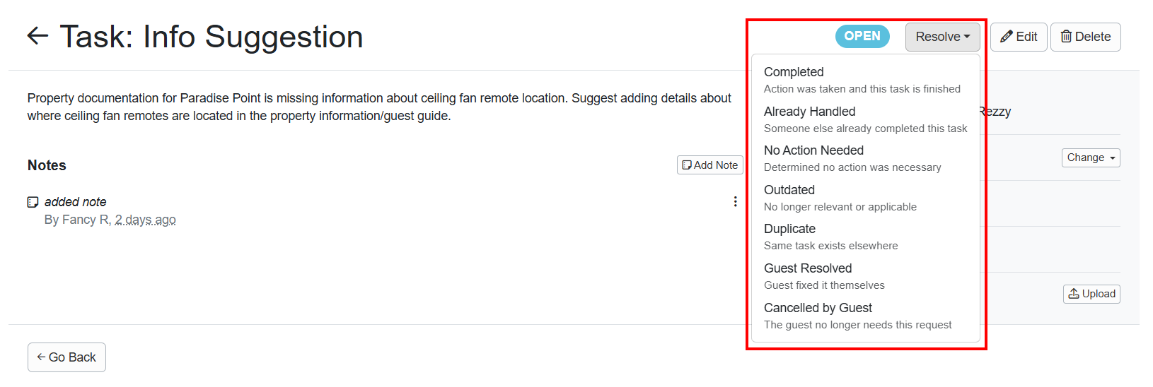 Within each individual task, users can resolve the task by selecting the appropriate resolution status (e.g., Completed, Already Handled, No Action Needed, Outdated, Duplicate, Guest Resolved, or Cancelled by Guest) from the Resolve dropdown list.
