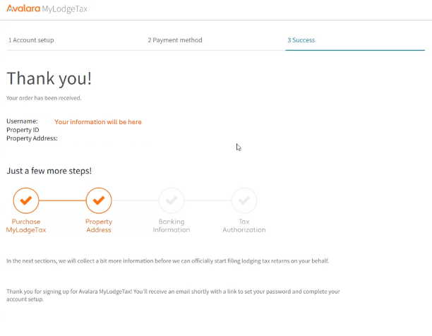The Success page will be displayed, showing your order number, the number of property subscriptions, and the total charge.