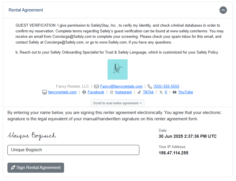 Guests add their name to sign your Rental Agreement, and the Payment section automatically opens.