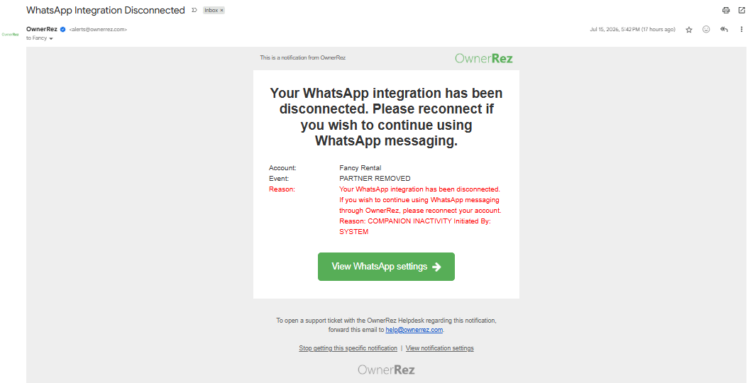 View your WhatsApp settings by clicking on the View WhatsApp Setting button in the email notification sent by OwnerRez.