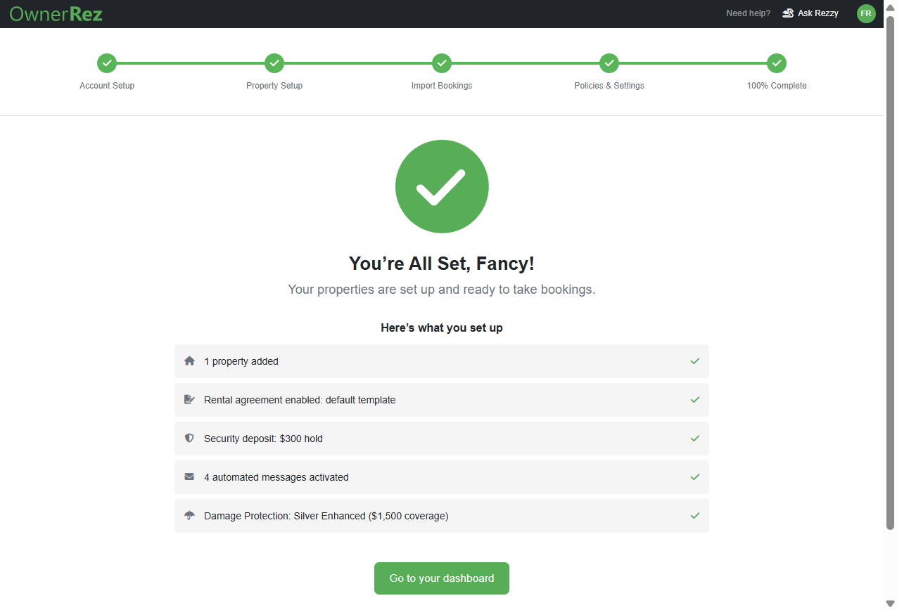 Your setup is complete, and details about what you entered in the Setup Wizard will be displayed along with a link to the OwnerRez Dashboard.