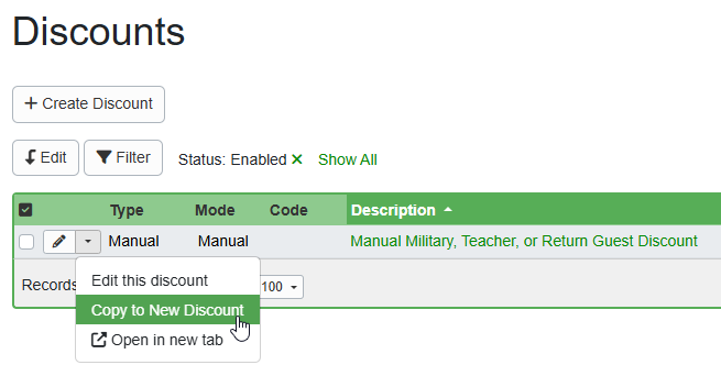 In the Discounts and Surcharges grids, click on an existing discount or surcharge dropdown list and select 