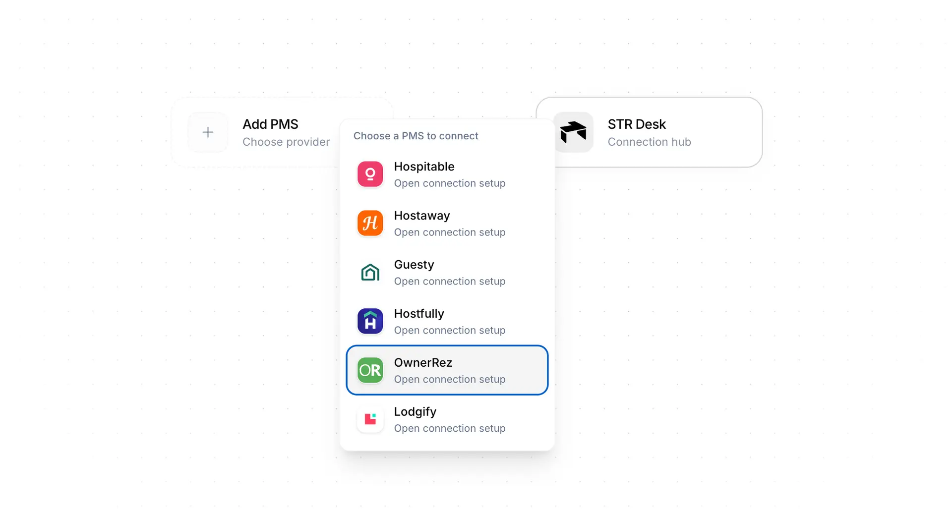 On the Connect page, select OwnerRez as the source.