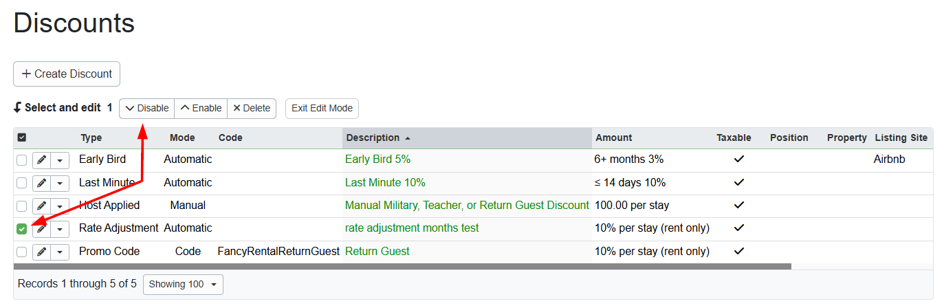 To disable a discount, navigate to Settings > Pricing > Discounts, select the discount you want to disable by checking the checkbox to the left of the discount, then click the Disable button.
