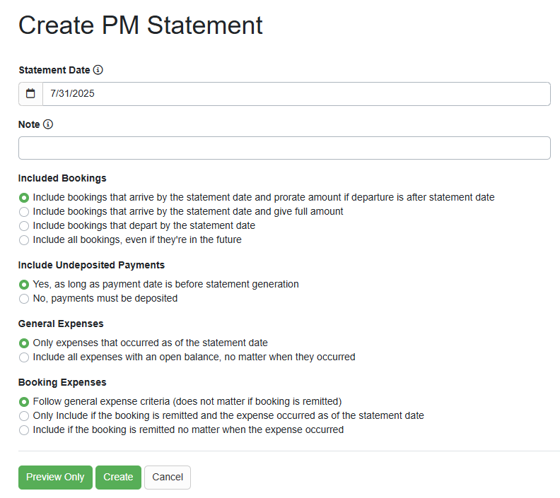 PM Statement default settings