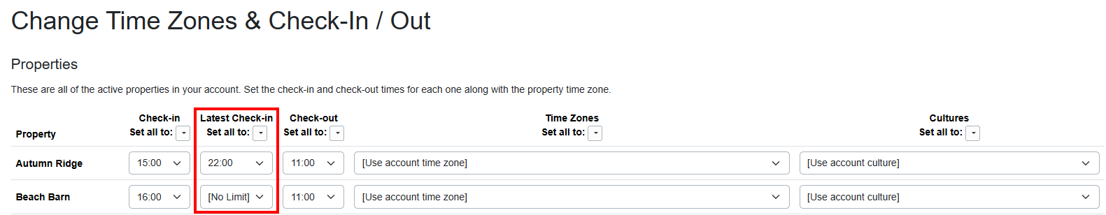Users can set their check-in window times while setting their regular check-in and check-out times and selecting the Latest check-in time.
