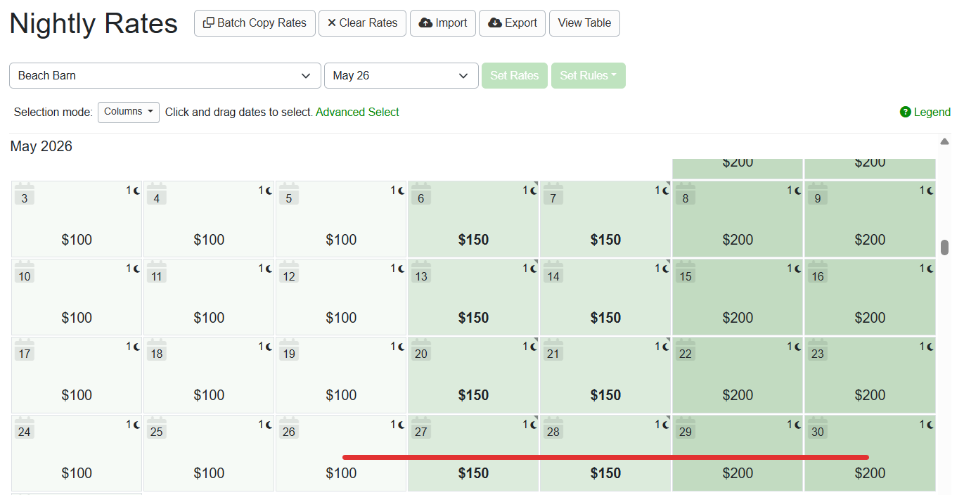As you select and change rates, the coloring will dynamically update to reflect a new heat map. If you set higher rates on certain days, the lower-priced days around those days will instantly change shades and vice versa.&nbsp;The heat map coloring works whether your rates are nightly or seasonal.