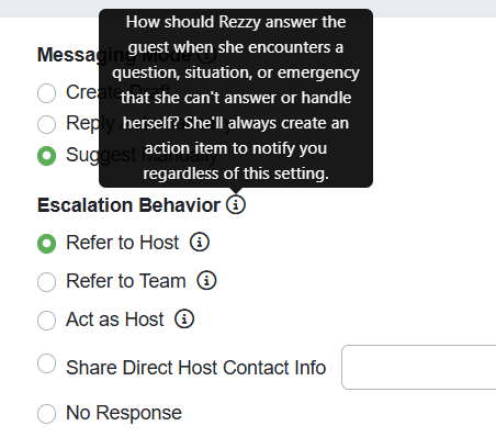 When Rezzy faces a question or issue she can't resolve, you can choose how you want Rezzy to respond in those cases.