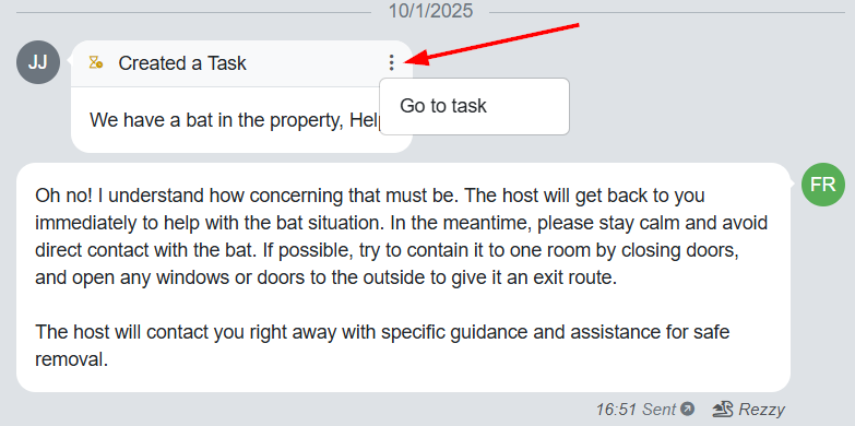 Rezzy AI can also generate tasks from Unified Inbox guest conversations. This guest is reporting a bat in the property in the Unified Inbox. Click on the right kebab and Go to task.