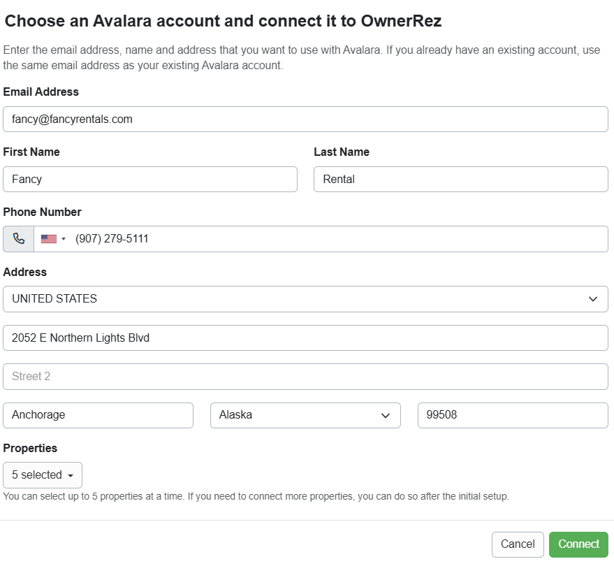 Complete the contact information, choose your selected properties in the Choose an Avalara account, and connect it to OwnerRez pop-up.