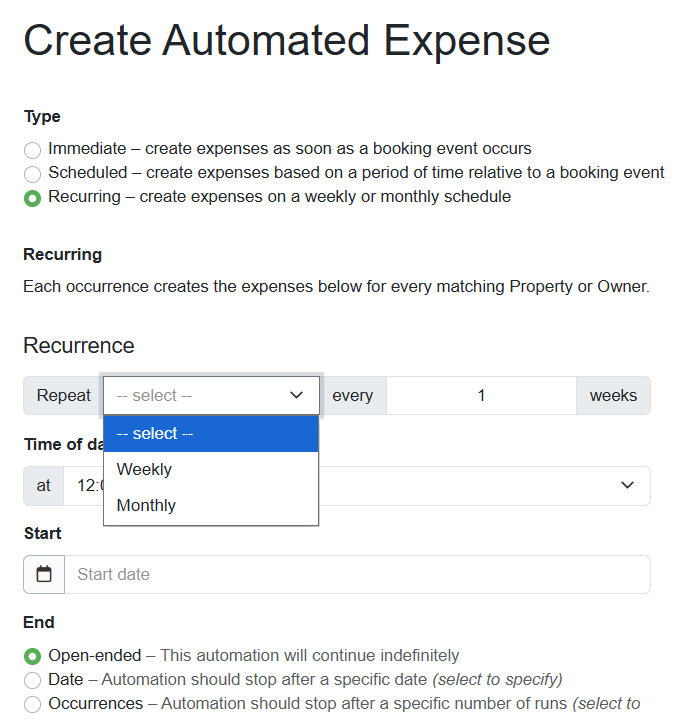 Recurring automated expenses allow you to apply them to properties or owners on a weekly or monthly schedule, starting on specific start and end dates or times of day, or after a set number of occurrences.