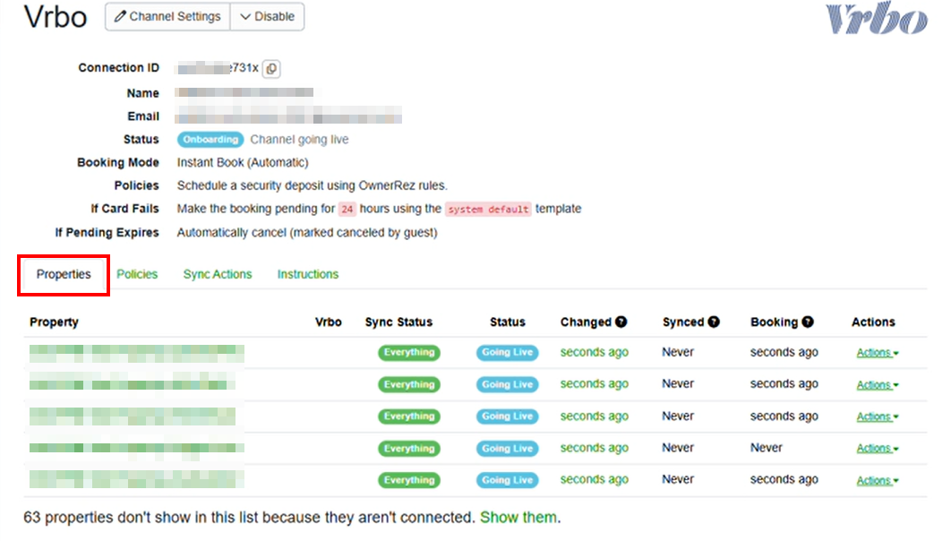 Your Vrbo-connected properties will appear in the Properties tab grid of your Vrbo channel integration.