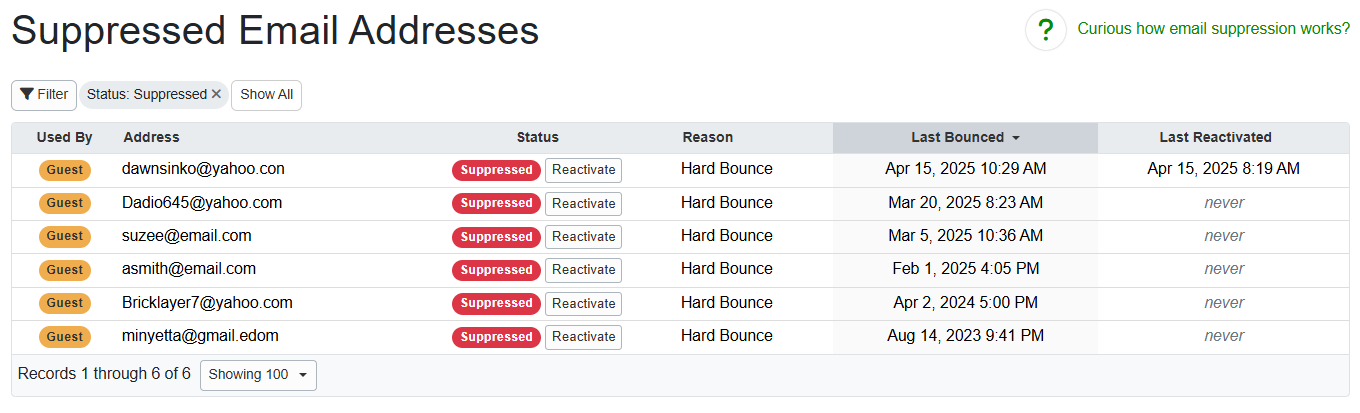 If a suppression is the result of a Hard Bounce, you can reactivate it by clicking the 