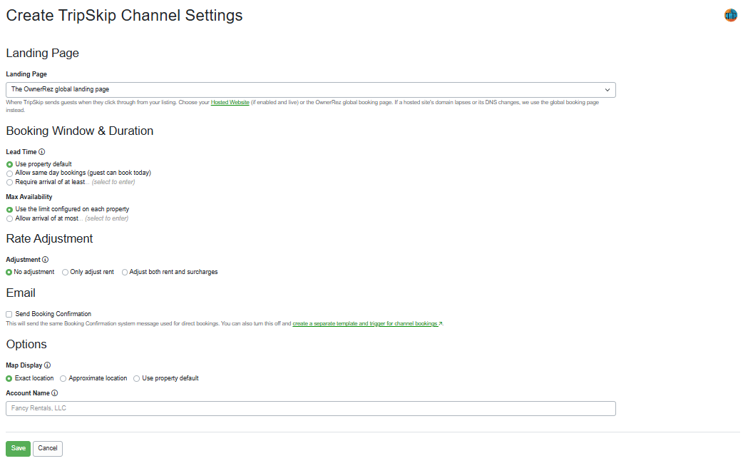 On the Create TripSkip Channel Settings page, select your TripSkip Landing Page (Your Hosted Website or the OwnerRez Global Landing Page&nbsp;(aka&nbsp;Public Booking Link)), Booking Window & Duration, Rate Adjustment, Email, and Options.