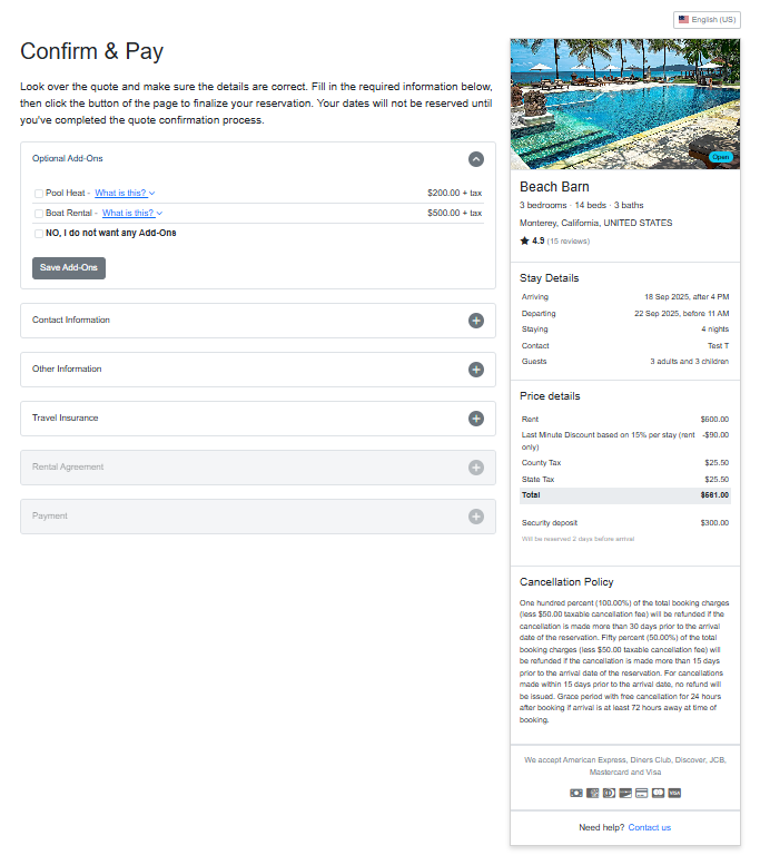 When guests complete the Book Now form on your hosted website, they are immediately taken to the Confirm & Pay guest form.