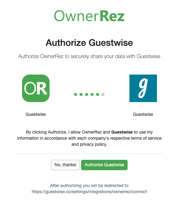 Authorize the connection by clicking Authorize Guestwise.