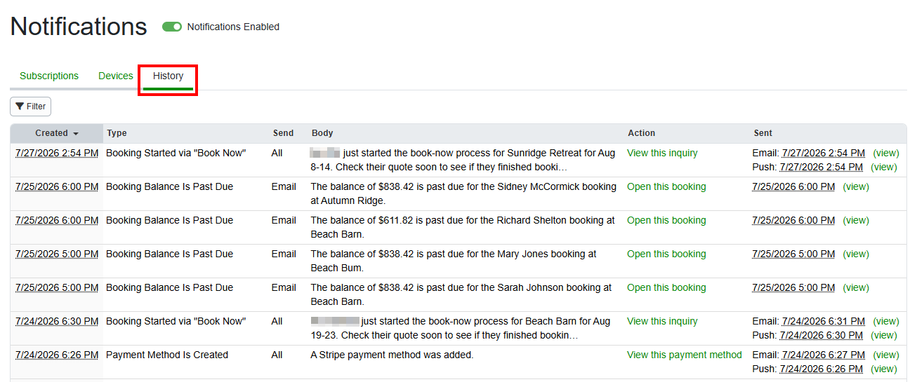 OwnerRez has moved&nbsp;System notification emails from&nbsp;Communication History to&nbsp;the Account &rarr; Notifications &rarr; History tab.