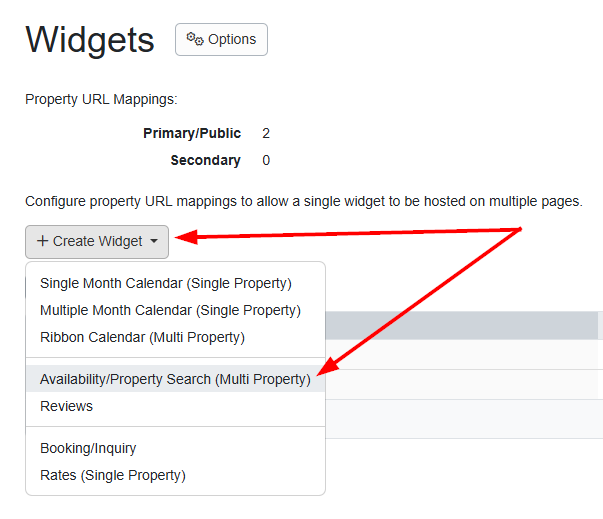 Go to Settings > My Website > Widgets&nbsp;> + Create Widget > Availability/Property Search (Multi Property.