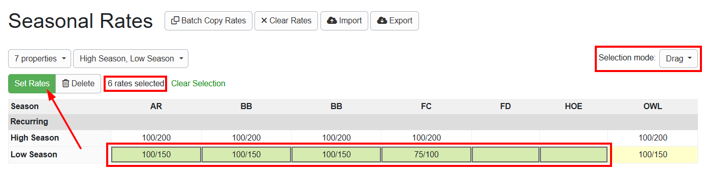 The Drag mode allows users to click and drag rates to select one or more seasons&nbsp;for one or more properties.