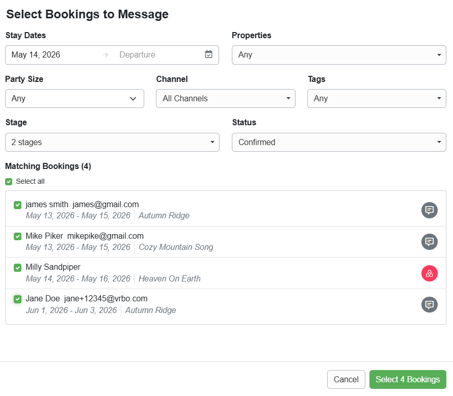 Based on your selections in the Select Booking to Message pop-up, Matching Bookings are displayed, allowing you to select which bookings to send your Broadcast message to, and you can select all or only specific bookings. Click Select number of Bookings.