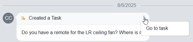 Whenever Rezzy creates a task, an indicator appears in the Unified Inbox guest message pane. Click on the kebob menu and then select Go to Task.