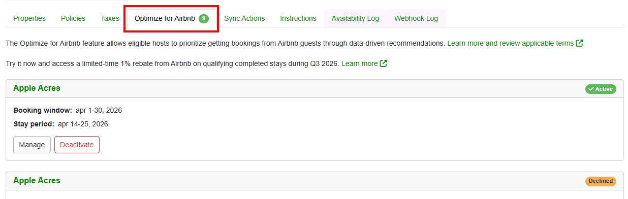 OwnerRez now&nbsp;checks daily for active Optimize for Airbnb offers and automatically expires those Airbnb has invalidated, ensuring properties avoid unnecessary channel blackouts when exclusivity benefits are no longer available.