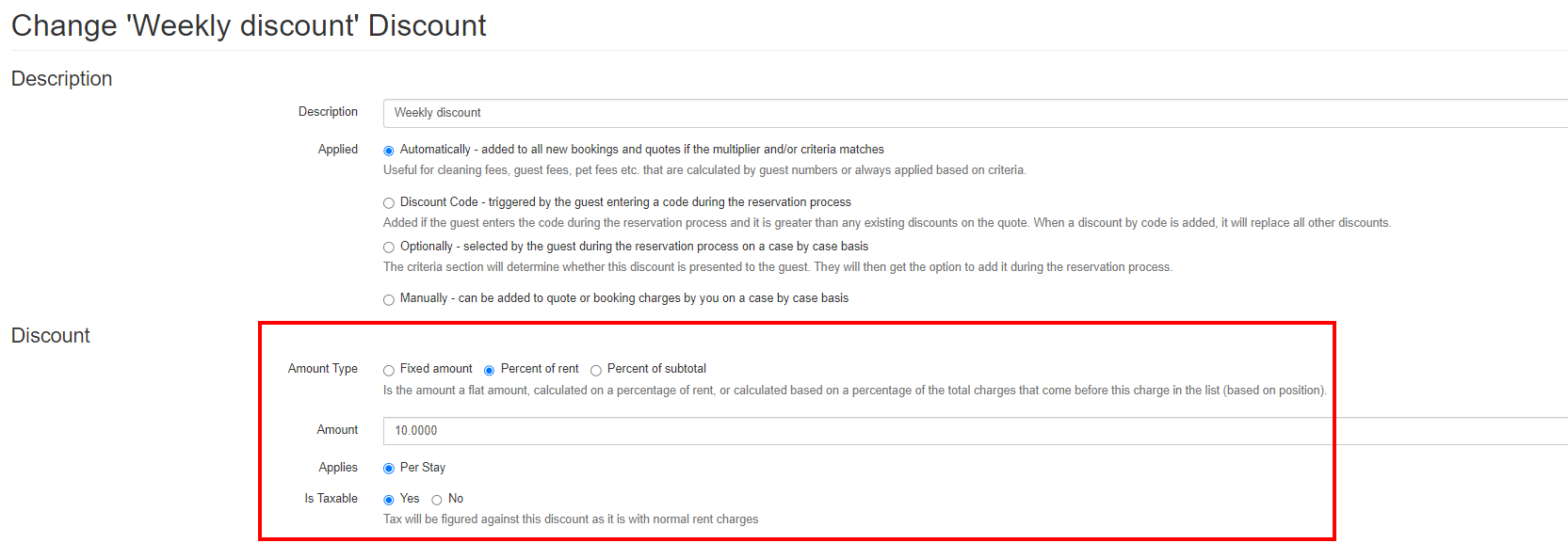 Alternatively, users can create a Percentage of Rent or Percent of Subtotal discounts by selecting those.