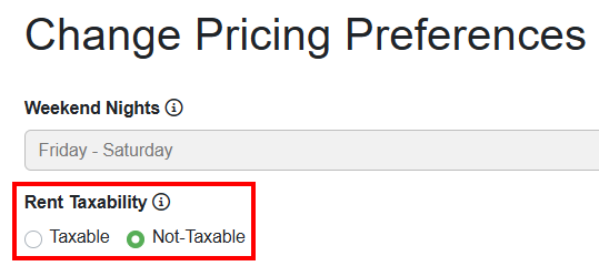 There are a handful of jurisdictions where Rent is not taxable; only Surcharges are. If your property is in one of these locations... lucky you! Go to Settings > Pricing Preferences >&nbsp;Rent Taxability and select Non-Taxable.