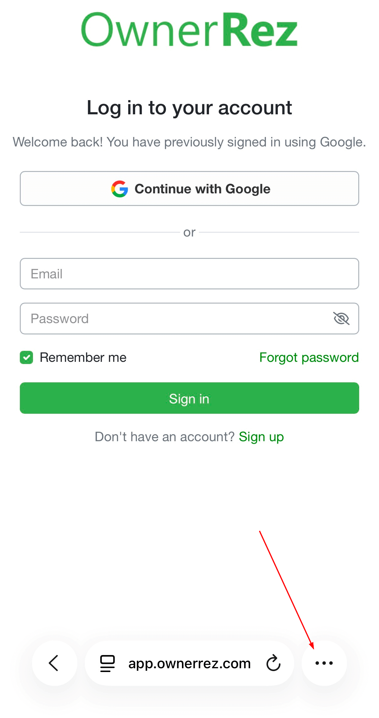 1. Navigate to&nbsp;https://app.ownerrez.com/&nbsp;and click the 3 dots next to the URL.