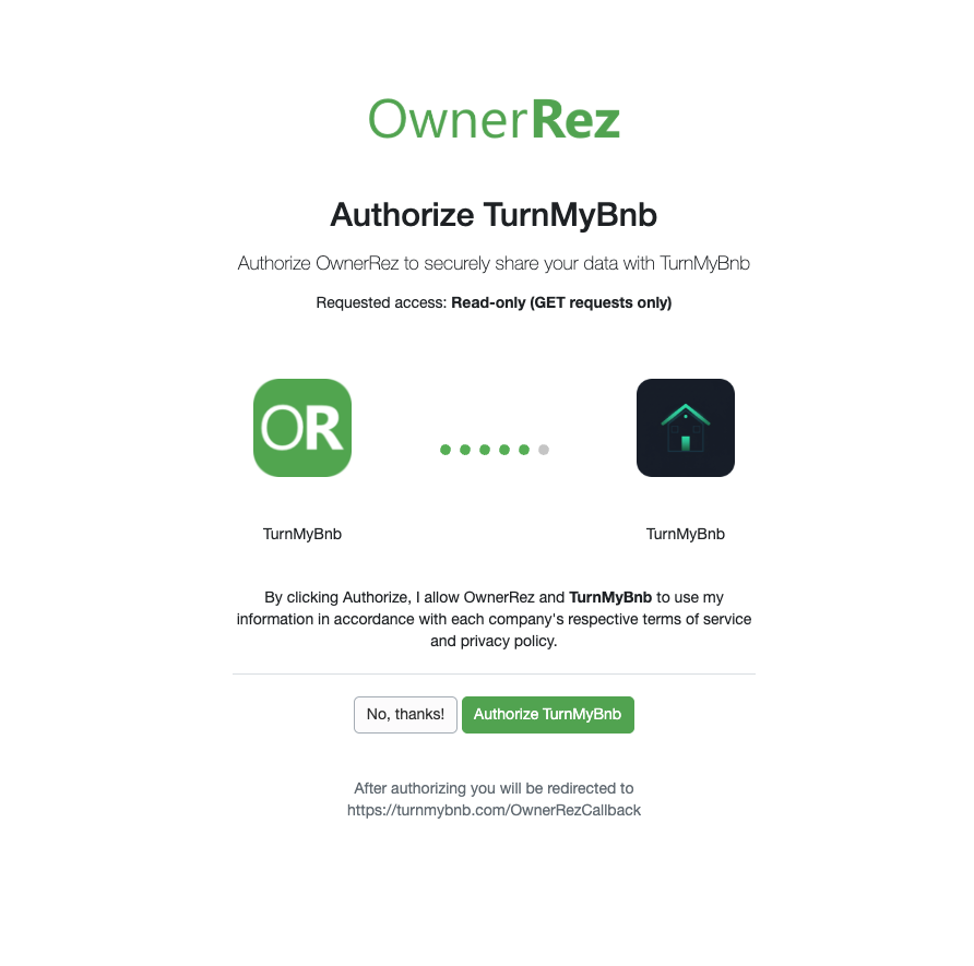 TurnMyBnb will now send you to the OwnerRez website so you can give TurnMyBnb permission to read your booking information. You will see the OwnerRez login screen. Enter your OwnerRez email address and password, then click &ldquo;Sign in.&rdquo; This is your normal OwnerRez login &mdash; the same one you use every day.