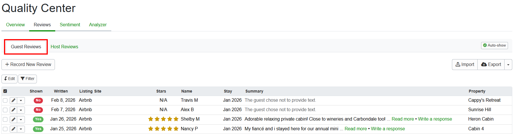 Users can review all&nbsp;reviews&nbsp;in the Quality Center Guest Reviews tab.